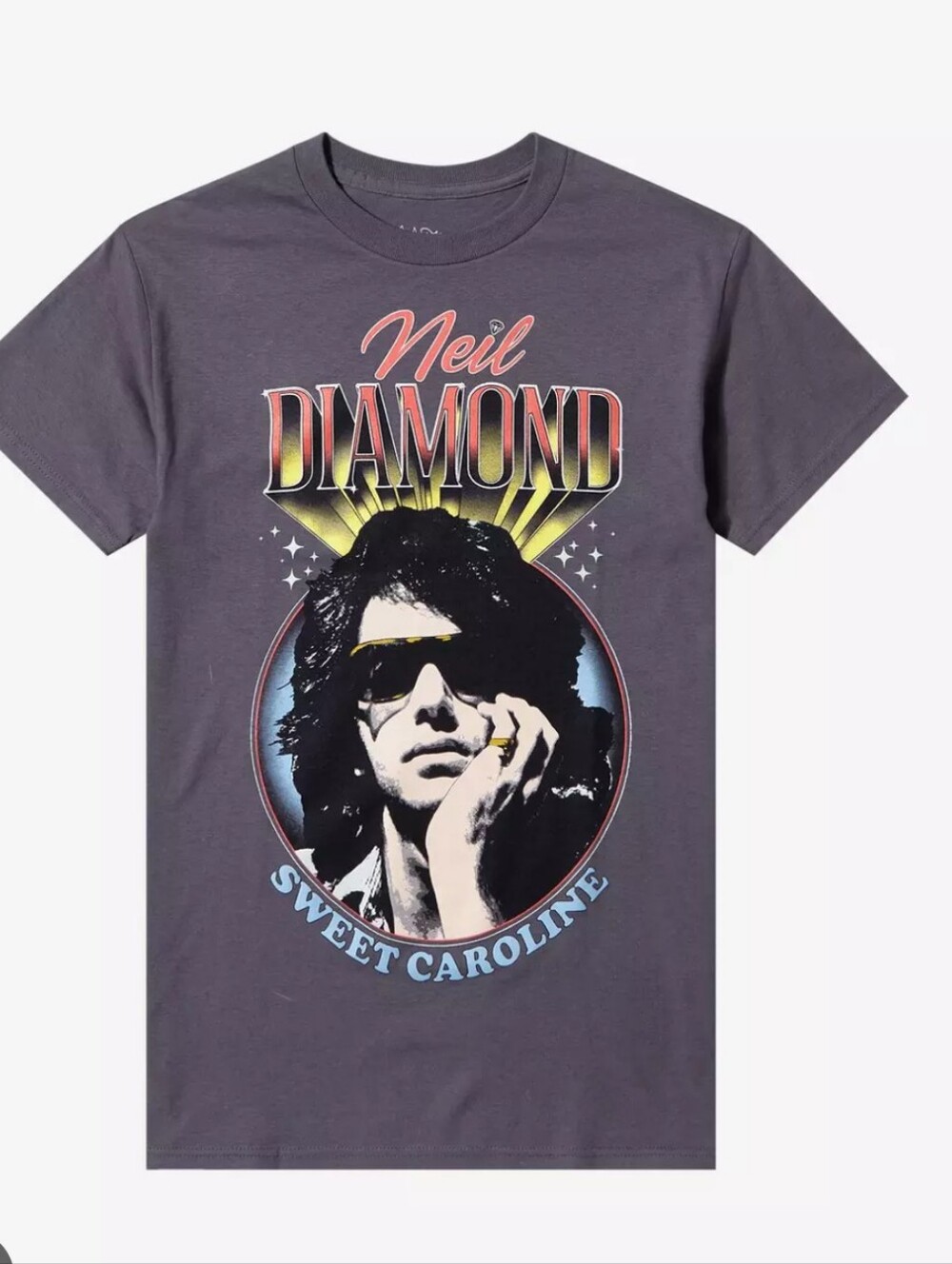 Neil Diamond "Sweet Caroline" Graphic Tee - Charcoal with Yellow & Blue Print